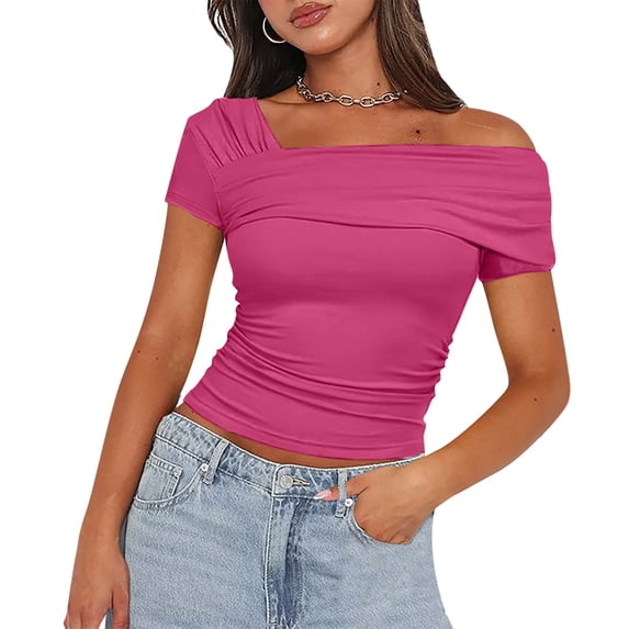 Taylonsss 2024 Women's Solid Color Casual Fashion Single Shoulder Short Sleeved Back Pleated Top T-shirt Woman