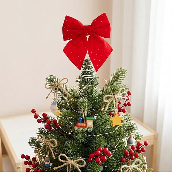 Taylonsss Christmas Bow Tree Topper Decoration, Elegant Ribbon Star Crown Holiday Tree, Festive Centerpiece Ornament Party Display, Xmas Home Decor Indoor Tabletop Accent