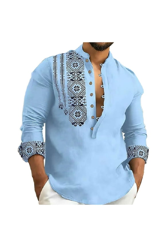 Clearance Men's Cotton And Linen Jacket Long Sleeve Printing Shirt Button Cardigan