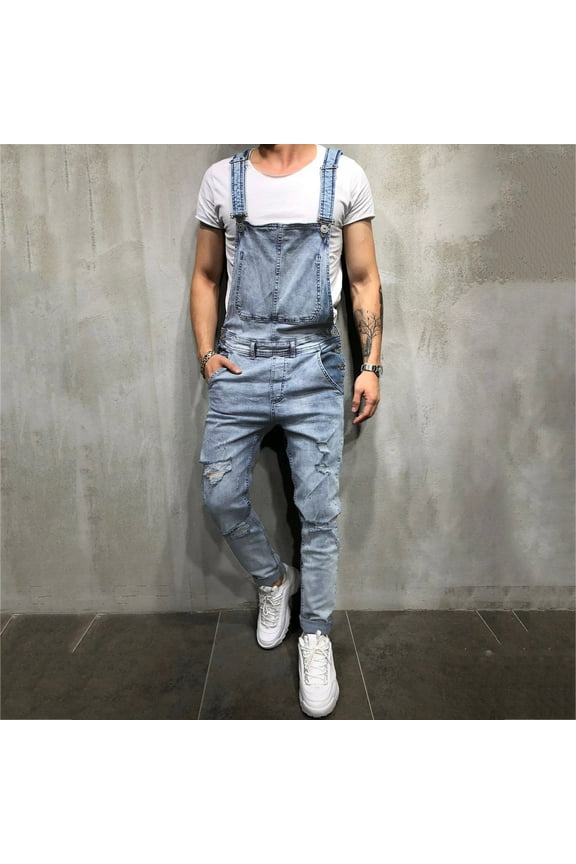 Clearance Mens Washed Bib Overalls Casual Ripped Jumpsuits Rompers