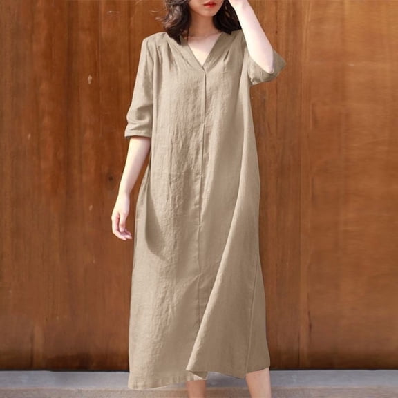 Taylonsss Women Casual Dress V-Neck 3/4 Long Sleeve Solid Color Loose Cotton Dresses