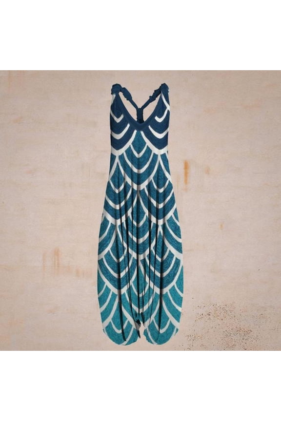 Clearance Women Casual Vintage Print Backless V-Neck Sleeveless Playsuit Jumpsuit