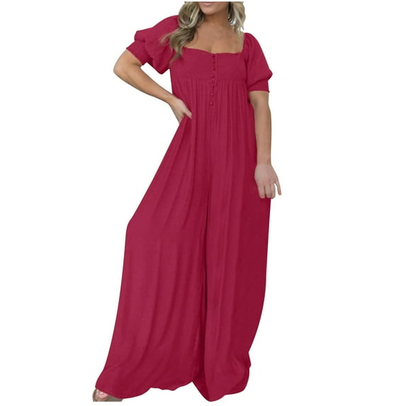 Taylonsss Clearance Women'S Solid Color Short-Sleeved Casual Wide-Leg Jumpsuit With Button Pockets
