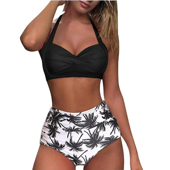 Taylonsss Clearance Women Vintage Swimsuit Two Piece Retro Ruched High Waist Print Bikini Set