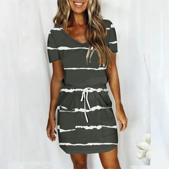 Taylonsss Women's Fashion Solid Color Short Sleeve V-Neck Mid-Calf Dress