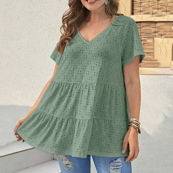 Taylonsss Women's Plus Size Eyelet Solid Tiered Hem Casual Solid Color Short-Sleeved V-Neck Top