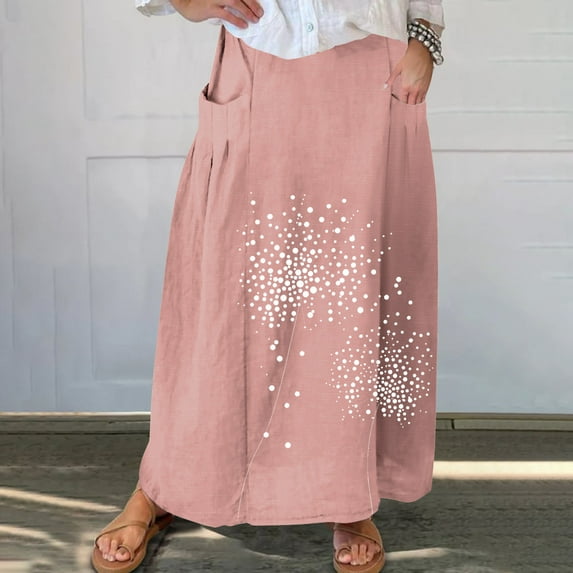 Taylonsss Clearance Women's Printed Elastic Waistband Pleated Pocket Skirt With Mid Calf Skirt