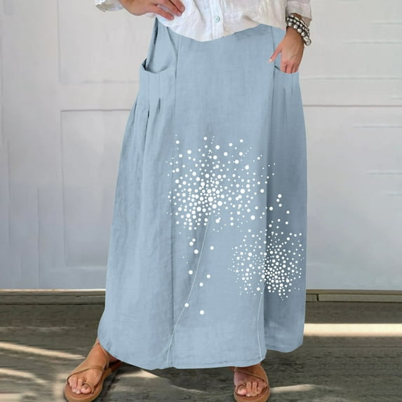 Taylonsss Clearance Women's Printed Elastic Waistband Pleated Pocket Skirt With Mid Calf Skirt