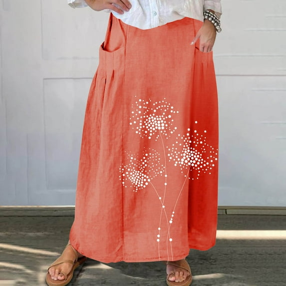 Taylonsss Clearance Women's Printed Elastic Waistband Pleated Pocket Skirt With Mid Calf Skirt