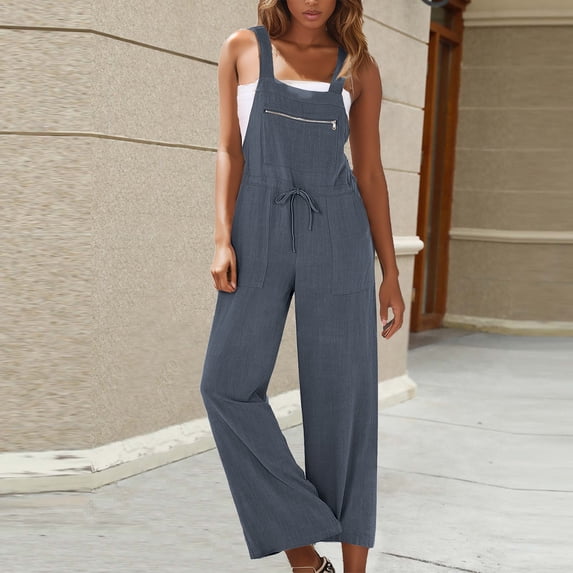 Taylonsss Clearance Women's Sleeveless Loose Overalls Rompers Cotton Linen Wide Leg Jumpsuits