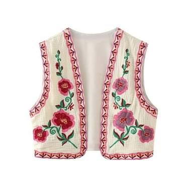 Taylonsss Clearance Women's Vintage Embroidered Boho Open Front Cropped Vests Top Sleeveless Floral Cardigan 2024