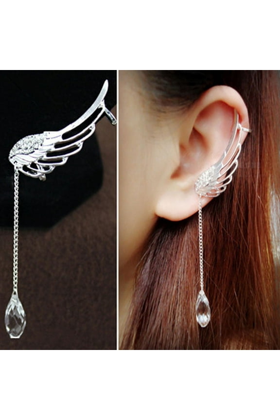 Elegant Angel Wing Crystal Earrings Drop Dangle Ear Cuff Clip