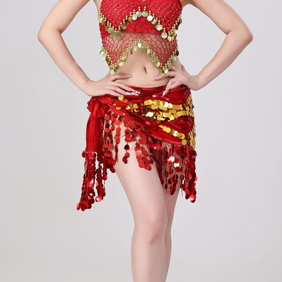 Taylonsss Elegant Belly Dance Skirt with Sparkly Mesh High Slit and Fringe Details for Dance Performance Comfortable Stretch Fabric in Free Size