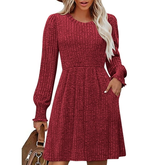 Taylonsss Fall Dresses for Women Square Neck Long Sleeve Dresses Casual Babydoll Sweater Dress