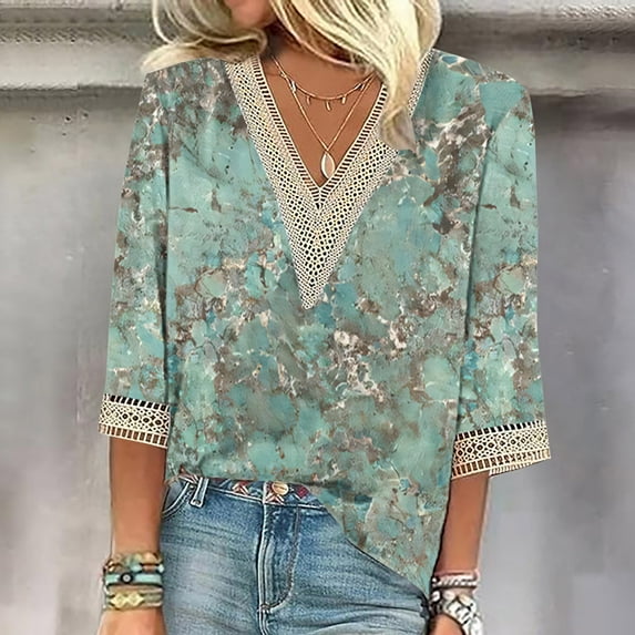 Taylonsss Fashion Women's Summer V-Neck 3/4 Sleeve Lace Print Casual T-shirt Blouse