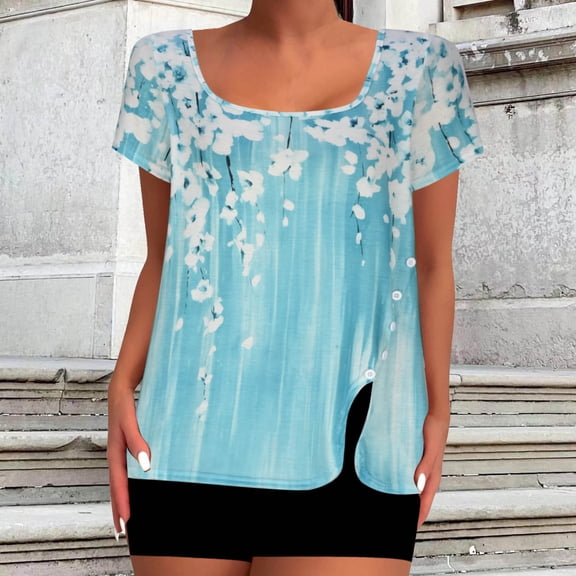 Taylonsss Fashion Womens Casual Printed Neck Short Sleeve Buttons Tops Loose Blouses