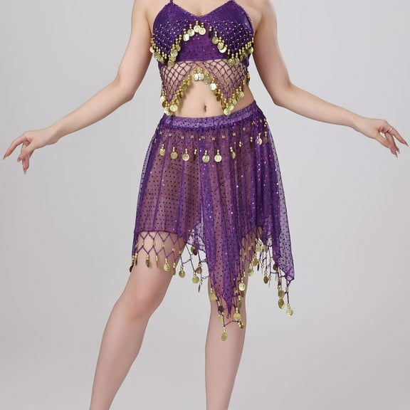Taylonsss Luxury Mesh Sequin Coin Asymmetric Tassel Belly Dance Skirt for Professional Dance Performance and Festival Events in Solid Color