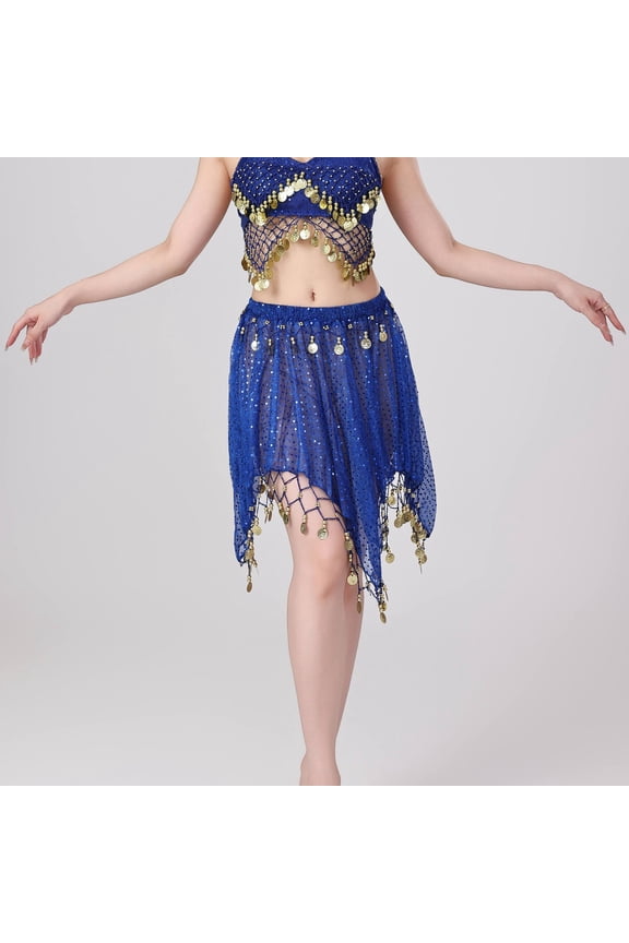 Luxury Mesh Sequin Coin Asymmetric Tassel Belly Dance Skirt for Professional Dance Performance and Festival Events in Solid Color