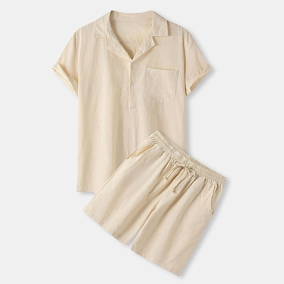 Taylonsss Men Casual Turndown Solid Linen Button Top Elastic Waist Shorts Blouse And Pants Suit