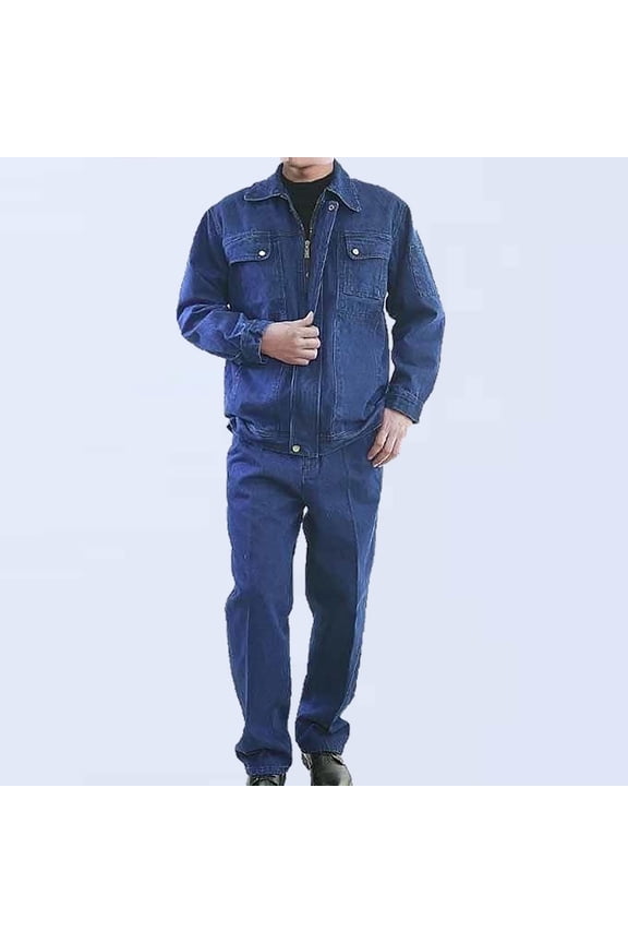 Men's Casual Denim Shirt Set Long Sleeve Button Down Front with Folding Collar and Multiple Pockets for Workwear Outdoor Casual Outfit