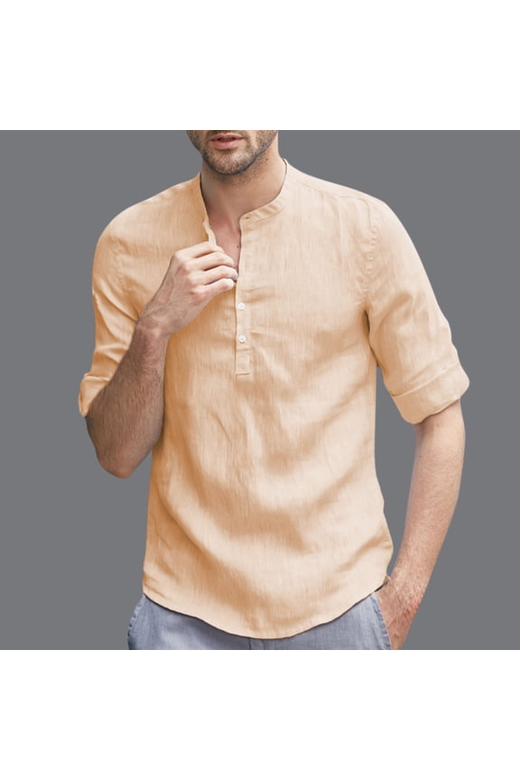 Men's Casual Half Button Stand Collar Pullover Shirt with Three Quarter Sleeve Soft Breathable Polyester Rayon Spandex Blend for All Season Casual and Sports Wear