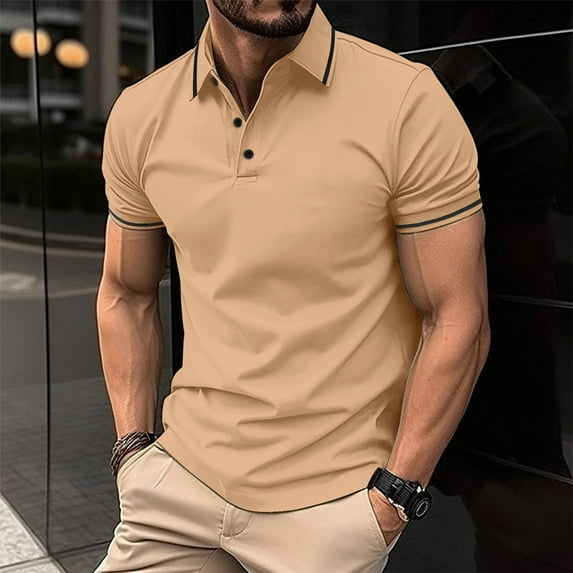 Taylonsss Men's Casual T-shirt Solid Color Turndown Collar Short Sleeve Buttons Tops Blouse