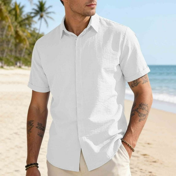 Taylonsss Men's Fashion Casual Loose Fit Short Sleeve Button Up Shirt with Turndown Collar Breathable 100% Polyester Top for Spring Summer Outdoor Daily Wear
