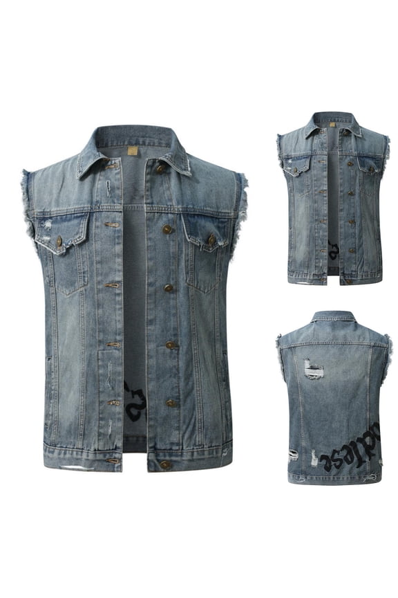 Men's Sleeveless Denim Vest Button Front Ripped Blouse Shirt Casual Outdoor Daily Wear All Season Comfort Fit