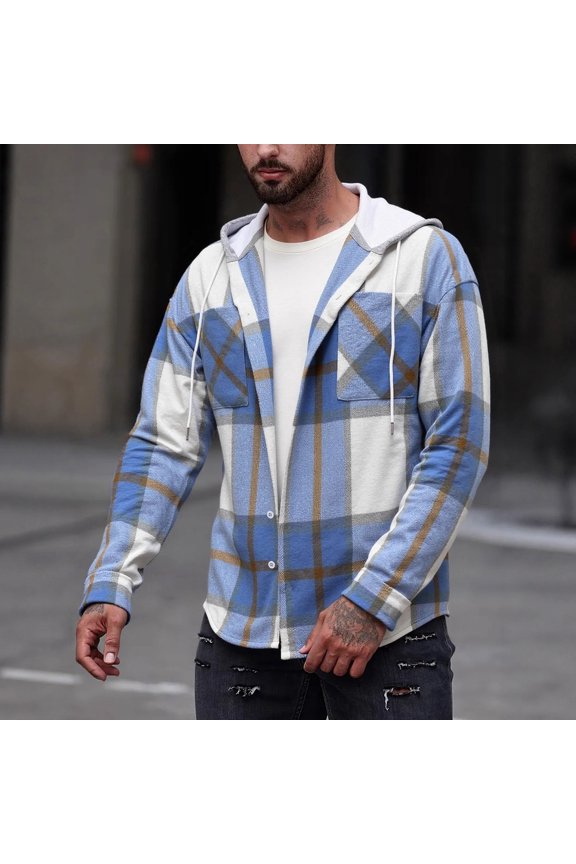 Mens Casual Checkered Print Hooded Jacket Long Sleeve Button Up Front Outdoor Coat