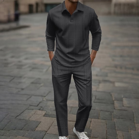 Taylonsss Mens Casual Long Sleeve Solid Color Turn Down Collar Button Front Drawstring Pants Comfortable Fashionable Outfit Set for All Seasons