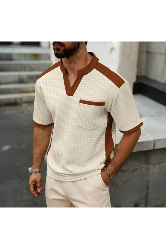 Mens Colorblocked Short Sleeve V Neck Casual Sports Top T-Shirt For Spring Summer Home Outside Daily Exercise Fitness Activities