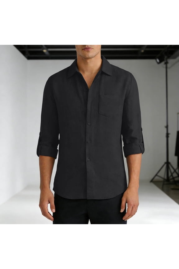 Mens Summer Shirt Long Sleeve Lapel Button Up Cardigan with Pocket Casual Fashion Top