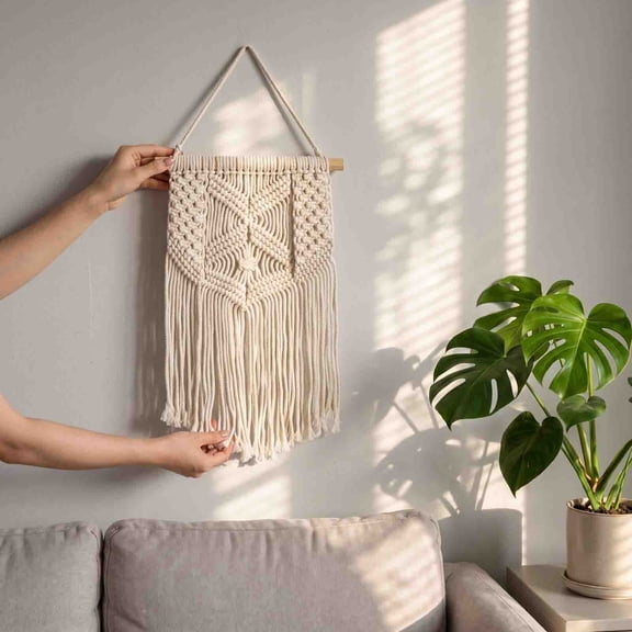 Taylonsss Tassel Cotton Rope Wall Hanging Tapestry, Bohemian Handmade Macrame Home Art Decor, Woven Fiber Living Room Bedroom, Rustic Decorative Cloth Rug for Shelf Door