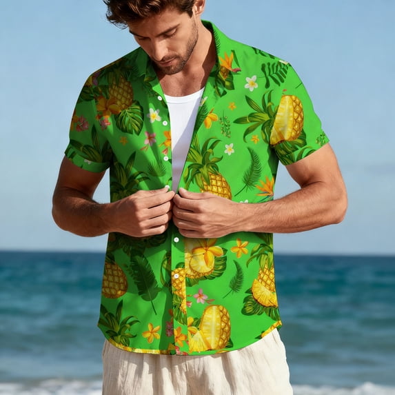 Taylonsss Unisex Hawaiian Print Short Sleeve Button Down Shirt for Summer Beach Casual Wear Breathable Polyester-Spandex Blend Shirt for Spring and Summer