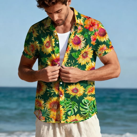 Taylonsss Unisex Hawaiian Print Short Sleeve Button Down Shirt for Summer Beach Casual Wear Breathable Polyester-Spandex Blend Shirt for Spring and Summer