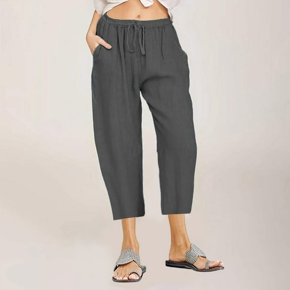 Taylonsss Women Casual Solid Cotton Linen Drawstring Elastic Waist Wide Leg Pants Cropped Trousers