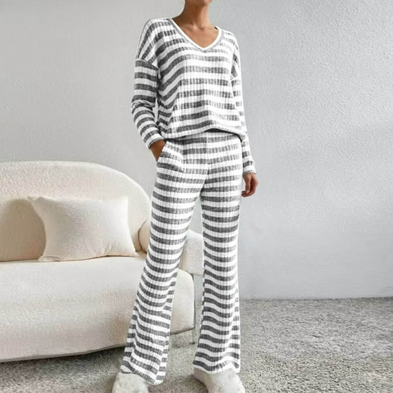 Taylonsss Women Casual Strip 2 Piece Outfits Home Sets Striped Print Long Sleeve V Neck sleepwear Set Fall and Winter Pajamas Suit Sets