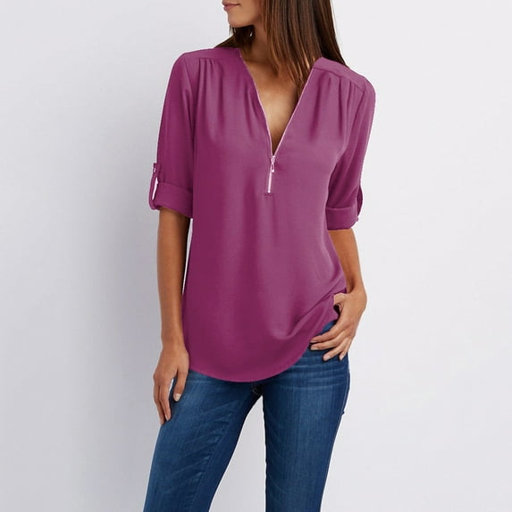 Taylonsss Women Ladies Zipper Button Long Sleeves Loose Chiffon Shirt Clothing