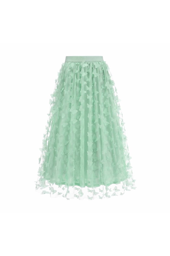 Women Mesh Three-dimensional Mid Skirts Elastic Waist Pleated Tulle Skirts Multi-Layer Solid Color Party A-line Long Skirt