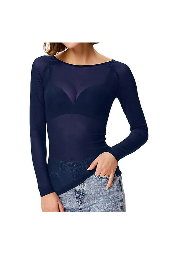 Women See-Through Long Sleeve Seamless Arm Shaper Top Mesh Shirt Blouse
