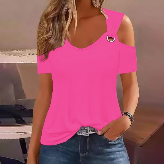 Taylonsss Women Summer Sexy T- Shirt Cold Shoulder Pullover Blouse V-Neck Short Sleeve Solid Tops