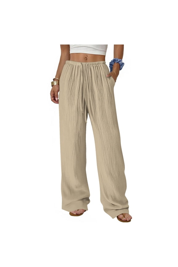 Women's 100% Cotton Solid Color Elastic Waist Ankle-Length Straight Leg Casual Pants with Pockets for Spring and Summer Comfortable Wear