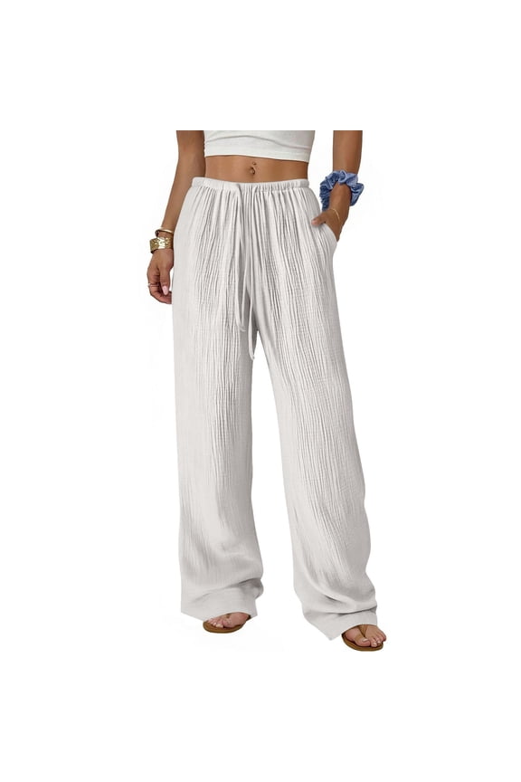 Women's 100% Cotton Solid Color Elastic Waist Ankle-Length Straight Leg Casual Pants with Pockets for Spring and Summer Comfortable Wear