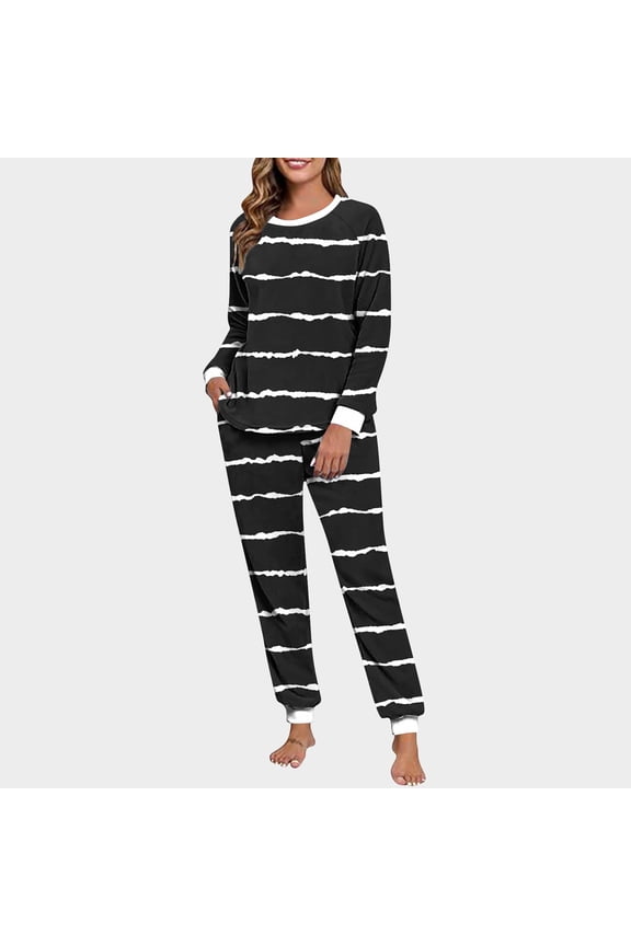 Women's 2 Piece Pajamas Set Casual Winter Double-sided Fuzz With Printed Round Neck Pullover Long Sleeves Hand Tied Top Drawstring Pants HomeWear