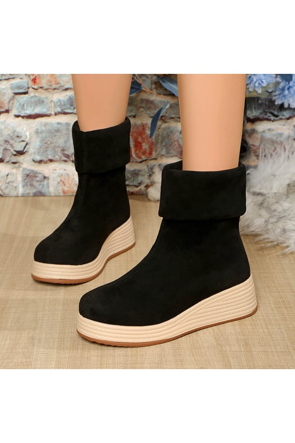 Women's Adjustable Fold-Down Wedge Heel Ankle Boots with Rope Texture for Fall and Winter Plus-Size Comfortable Warm Thick-Soled Short Boots