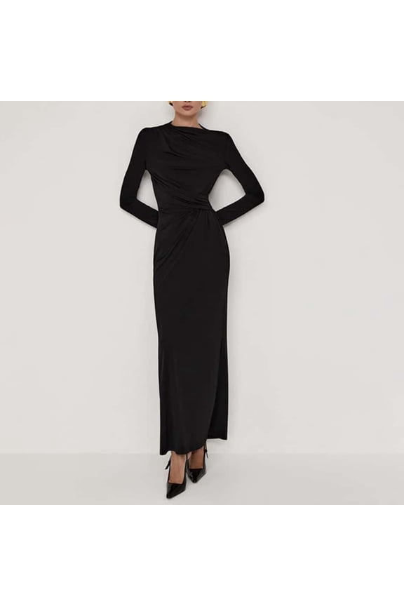 Women's Asymmetrical Draped Neck Long Sleeve Ruched-Waist Slim Fit Maxi Dress for Formal Occasions Season Polyester-Spandex Blend
