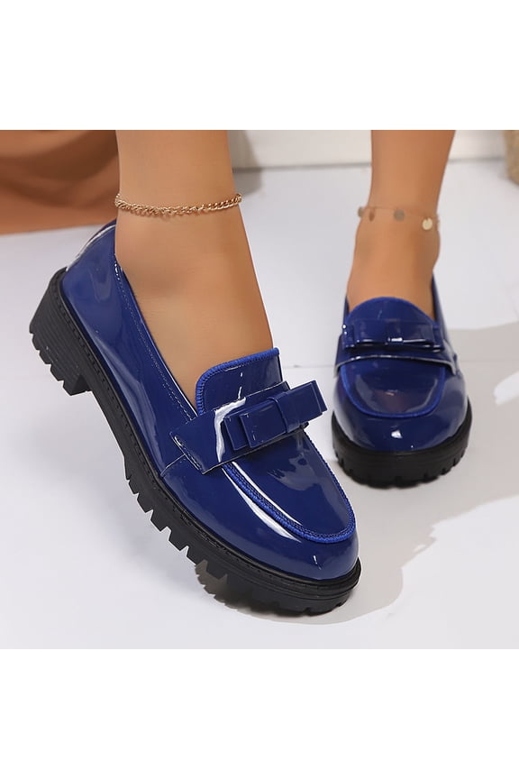 Women's Bow-Knot Slip-On Loafers with Low Chunkys Heel and Round Toe for Fall and Winter Comfortable Patent Leather Shoes with Grippy Sole