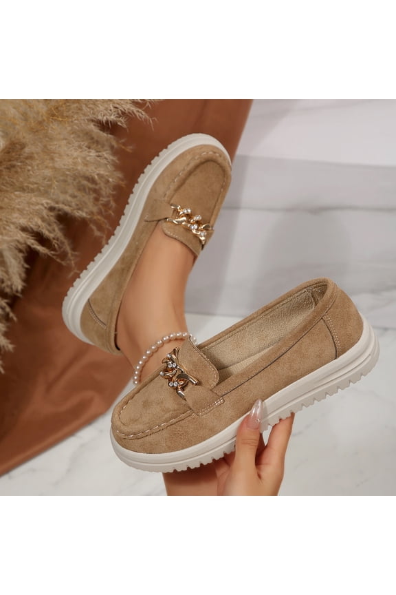 Women's Breathable Metal Chain Decor Slip-On Loafers with Flat Thick Soft Sole for Casual Everyday Wear Comfortable and Supportive