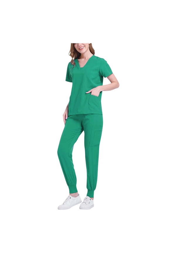 Women's Caregiver Uniform Set Short Sleeve V-Neck Blouse and Loose Ankle Cuff Pants with Pockets Soft and Comfortable for Work and Home Use Blend
