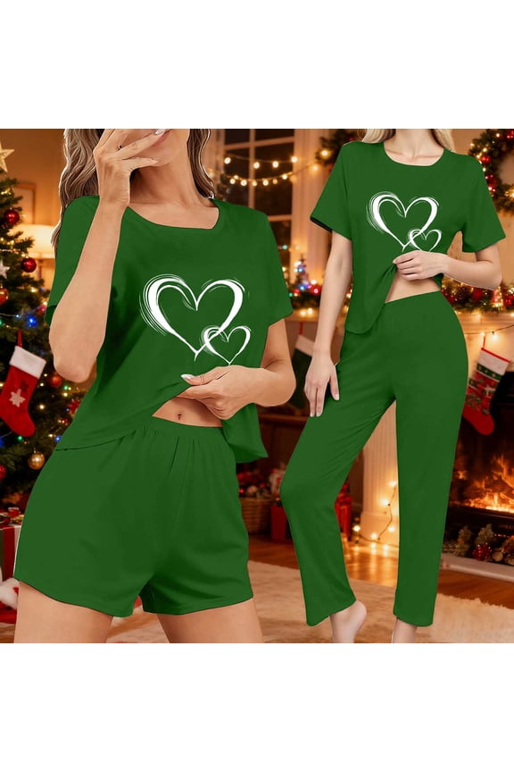 Women's Casual 3-Piece Pajama Set Soft Comfortable Short Sleeve Top with Elastic Waist Shorts and Lounge Pants for Home Relaxation